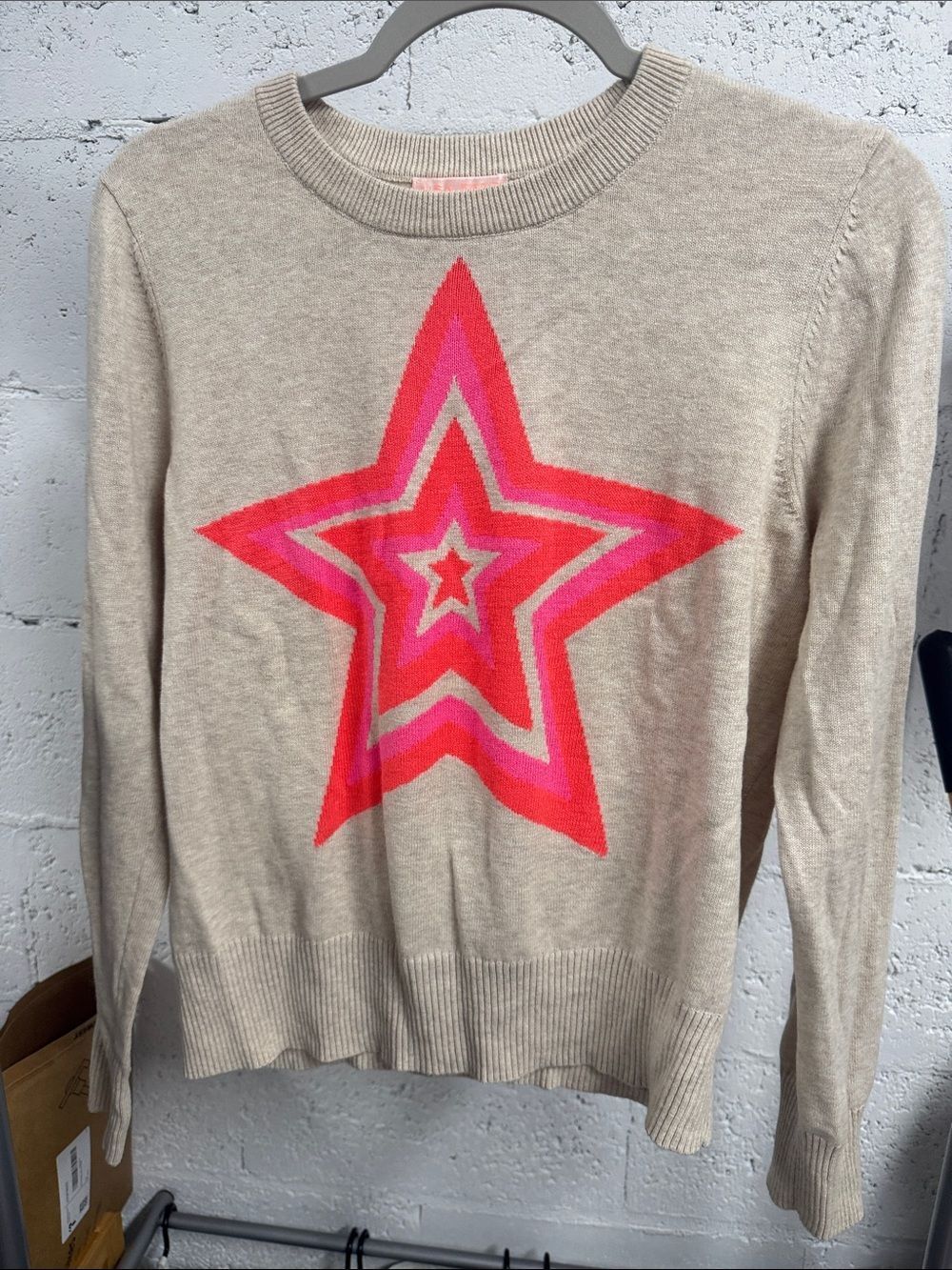 Neutral Cashmere Sweater with Pink & Red Star Motif LISA TODD Size Medium